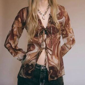 Y2K UO Sheer Tie Front Ruffle Top S Brown Fairy Grunge Festival Whimsical Artsy